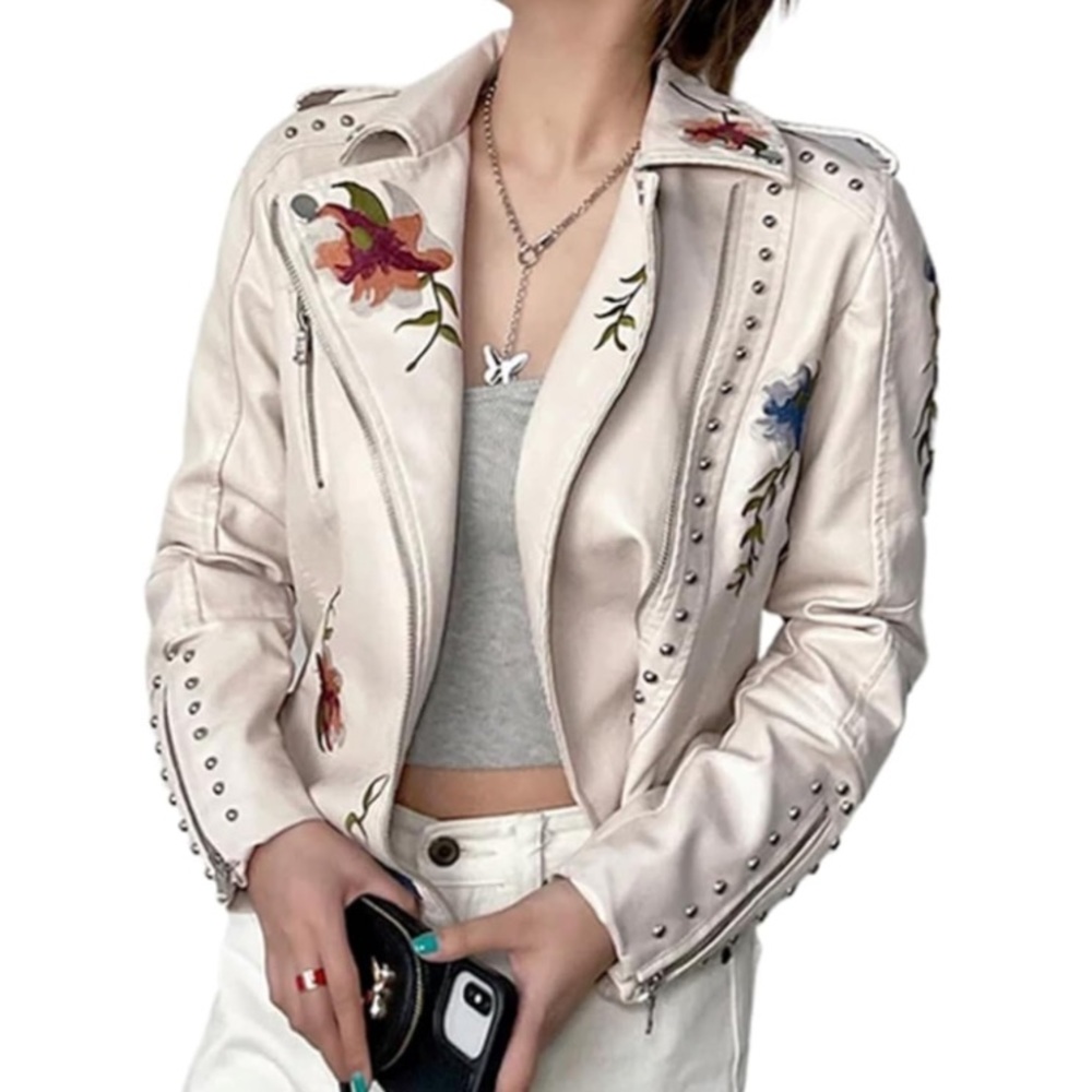 Women’s Embroidered Pearl-Stud Faux Leather Jacket - Cream